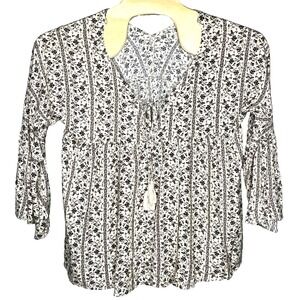 Heyson Blouse White Black Floral‎ Babydoll Cottagecore Bell Sleeve Sz Large Boho